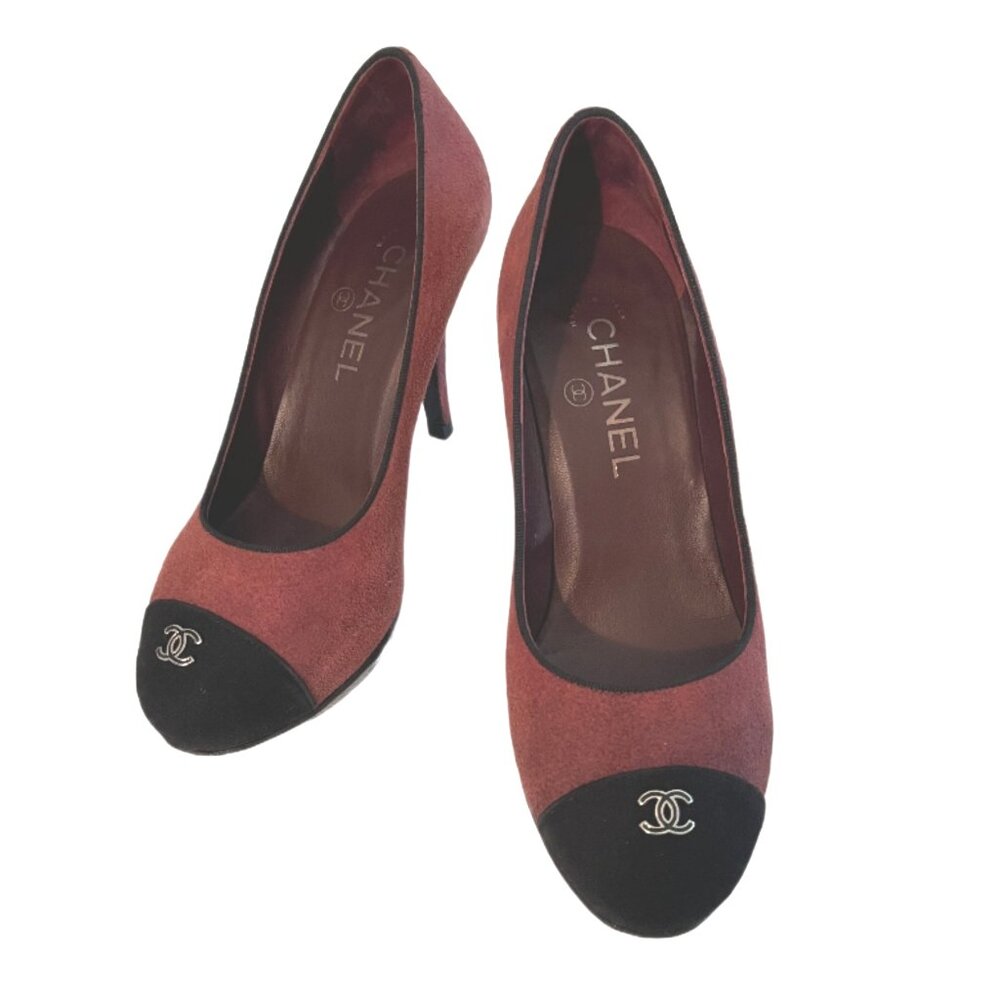 CHANEL Cambon Red Bordeaux Suede & Leather Cap Toe Pumps Size 36.5  (6 1/2 US)
